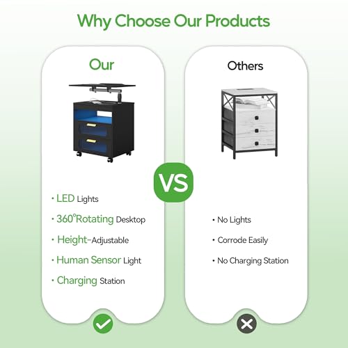 HNEBC Nightstand with Wireless Charging Station, LED Nightstand Has Adjustable Rotary Workstation,Smart Night Stand with 2 Drawers,Modern Bedside Table for Bedroom, Sensor Light/Wheel (Black) HNEBC