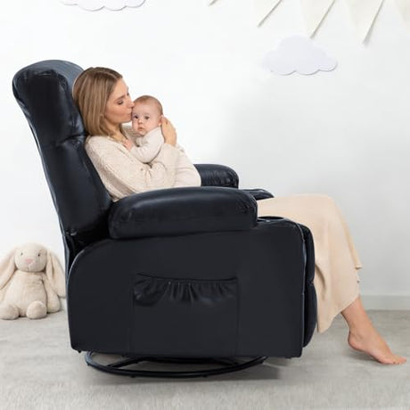 Comermax Rocker Recliner Chair with Heat and Massage, Wide Seat Heated Massaging Reclining Chair, Faux Leather Manual Swivel Rocking Recliners with Cup Holder, Black Comermax