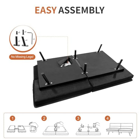 MUUEGM Memory Foam Futon Sofa Bed, Convertible Couch, Modern Loveseat Sleeper for Small Space, Apartment, Living Room - Adjustable Backrests and Armrests, Matte Black MUUEGM