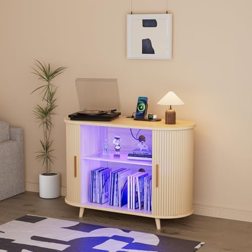 YKVIQBY 39" Record Player Stand with Vinyl Storage,Large Turntable Stand Holds up to 300+ Albums,Record Player Table,Stereo Cabinet with Open Storage,Charging Station & LED Lights,for Living Room,Oak YKVIQBY