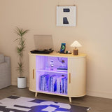 YKVIQBY 39" Record Player Stand with Vinyl Storage,Large Turntable Stand Holds up to 300+ Albums,Record Player Table,Stereo Cabinet with Open Storage,Charging Station & LED Lights,for Living Room,Oak YKVIQBY