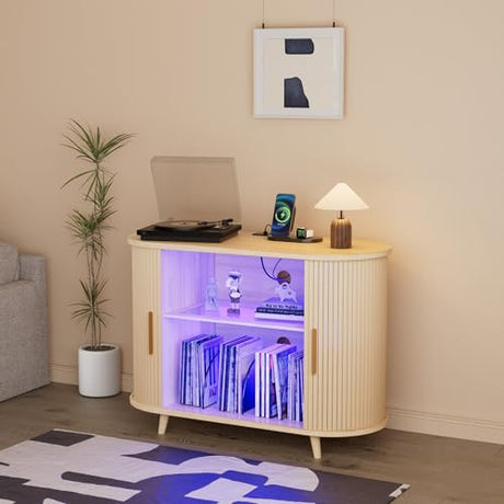 YKVIQBY 39" Record Player Stand with Vinyl Storage,Large Turntable Stand Holds up to 300+ Albums,Record Player Table,Stereo Cabinet with Open Storage,Charging Station & LED Lights,for Living Room,Oak YKVIQBY