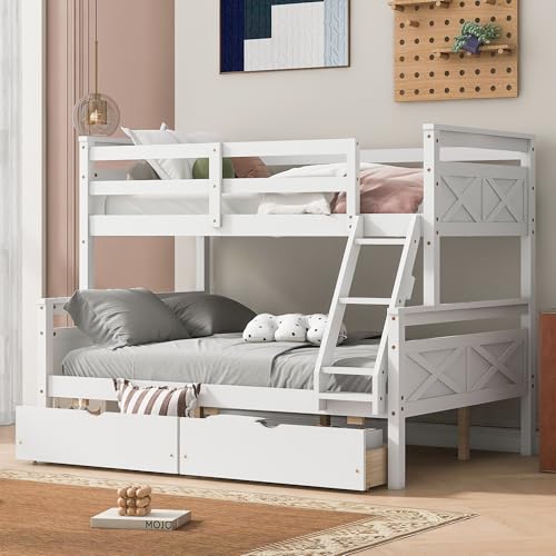 Merax Twin Over Full Bunk Bed, Kids Bedroom White Wooden Bunk Bed Frame, Convertible to 2 Separated Beds with 2 Big Drawers, Ladder & Guardrail for Teens, Wood Slat Support, Easy Assembly, White Merax