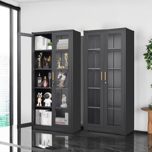 Polup Display Cabinet with Glass Doors, Black Curio Cabinet with Lock, 71“ Tall Display Case for Living Room, Bookcase for Home, Clinic, School (Black)- Assemble Required - WoodArtSupply