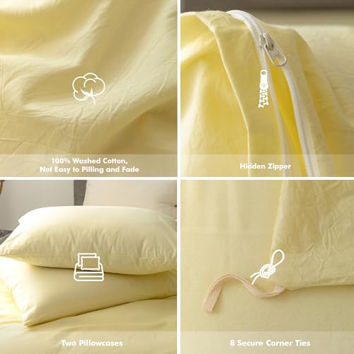FOSSA Duvet Cover Set 100% Washed Cotton Linen Feel Super Soft Breathable Cozy 3 Pieces Bedding Sets Solid Pastel Yellow Full/Double FOSSA