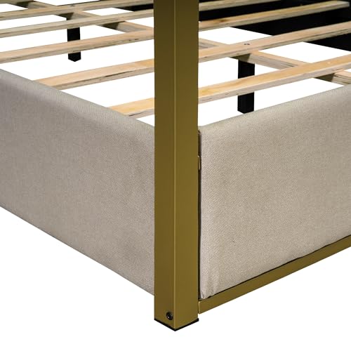 CABSETT Queen Size Upholstery Platform Bed with Wood Slat Support, Linen Canopy Bed with Headboard and Metal Frame, No Box Spring Needed, Beige