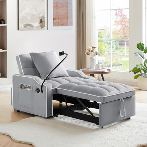 KINFFICT Sleeper Sofa Chair Bed, Convertible 3-in-1 Armchair, Adjustable Sleeper Chair with Pullout Bed, Single Lounger Futon with Side Pockets for Living Room (Grey) KINFFICT