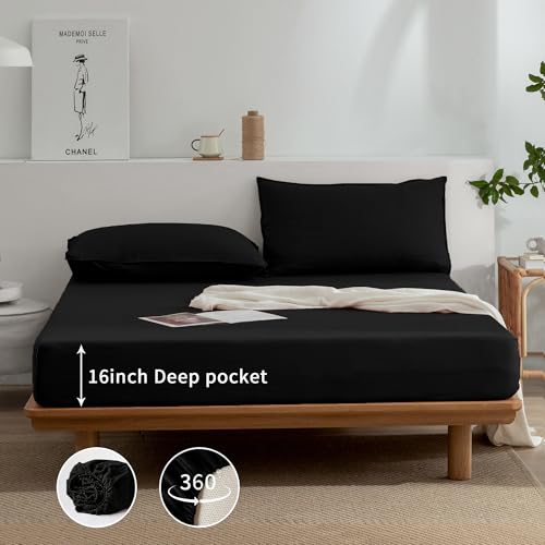 EVERLY Linen Sheets Set Queen Size,100% French Stonewash Pure Linen Sheets Set,4Pieces (1Flat Sheet,1Fitted Sheet,2Pillowcase) Suitable for Hot Sleepers,Deep Pocket Natural Bedding Set-Black EVERLY