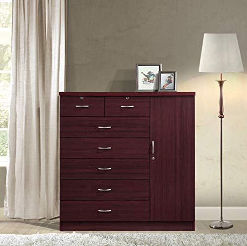 Hodedah 7 Drawer Jumbo Chest, Five Large & Two Smaller Drawers with Two Lock, Hanging Rod, and Three Shelves | Mahogany, 17.76" D X 47.24" W X 48.39" H Hodedah