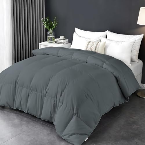 Goose Feather Comforter Queen Size, Duvet Insert All Season Queen, Bed Comforter Quilted Hotel Luxury Fluffy 100% Cotton Blanket with 8 Corner Tabs, 90 x 90 Inch, Grey, Machine Washable Deodar
