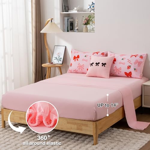 A Nice Night Red Bow Comforter Set,6 Piece Bed in a Bag Matching Sheet Set,Cute Ribbon Bowknot Bedding Sets,Princess Style Strawberry Printed,Light Pink Room Decor for Girls,Twin A Nice Night