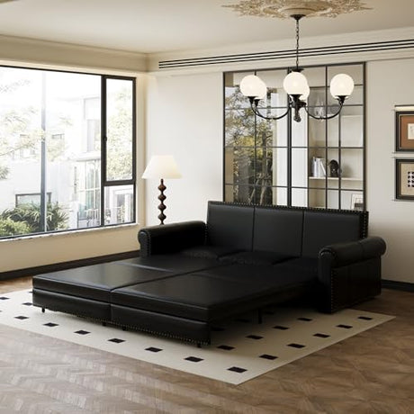 Tabaray 93.7" King Pull Out Sofa Bed, Faux Leather Sleeper Sofa Couch, 3 in 1 Convertible Futon Couches for Living Room, Small Space, Apartment, Office, Bedroom, Modern Rivet Armrest, Black Tabaray