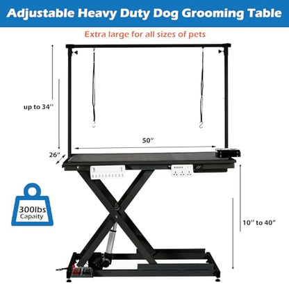 50'' Electric Dog Grooming Table, Heavy Duty, Height Adjustable Pet Grooming Table with Sockets w/Leveling Wheels, Grooming Arm, Anti Slip Tabletop & Tool Organizer, for All Pets Black