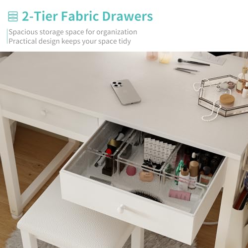 Lufeiya Small Makeup Vanity Desk with Fabric Drawers, 32 inch White Vanity Desks with Mirror and Light, Dressing Table and Chair Set with Power Outlet for Girls Bedroom, White Lufeiya