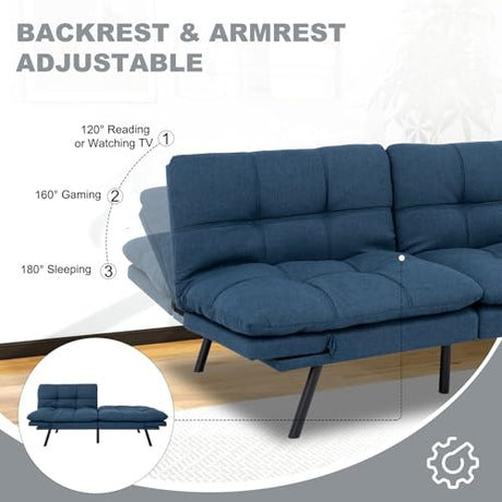 MUUEGM Futon Sofa Bed Convertible Couch,Memory Foam Futon Sofa Couch,Sleeper Futons Sofa Couches,Small Splitback Modern Loveseat Sofa Bed for Living Room,Office,Apartment,Linen Fabric,Blue. MUUEGM