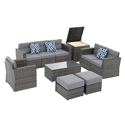 Super Patio 10 Piece Patio Furniture Set, PE Wicker Outdoor Conversation Furniture Set with Ottomans, Storage Box, Coffee Table, Cushions, Clip, Sectional Rattan Sofa for Garden, Porch, Backy - WoodArtSupply