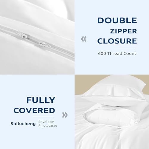 Shilucheng 100% Cotton Queen Size Duvet Covers - 600 Thread Count, Luxury Sateen Weave Egyptian Cotton Comforter Cover with Zipper Closure & Corner Ties，Hotel Bedding Duvet Covers 3 Piece (White) Shilucheng