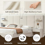 QNZK King Bed Frame with Storage & Built-in Nightstands, Velvet Upholstered Platform Bed Frame with Drawers & 2 Floating Storage Shelves, Noise-Free, No Box Spring Needed, Easy Assembly, Beige QNZK