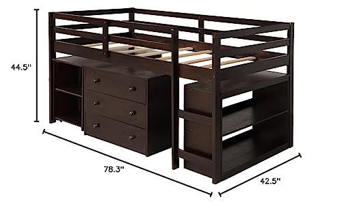 Bellemave Espresso Low Loft Bed Frame with Storage & Rolling Desk for Kids and Teens - WoodArtSupply