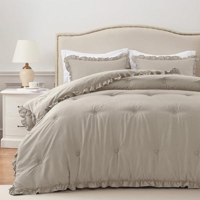 HARBOREST Twin Comforter Set Linen - Ruffle Comforter for Twin Size Bed, Fluffy Twin Size Comforter Set for All Seasons, 2 Pieces Shabby Chic Bedding Sets(1 Comforter & 1 Pillow Sham)