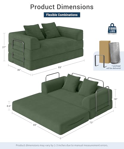 Cloud Boneless Convertible Floor Sofa Bed, 70" 4-in-1 Foldable Compressed Loveseat Lounge Sleeper 2 Seater Couches, High-Density Sponge & Corduroy Fabric Futon Daybed for Living Room Bedroom(Green) Living&Giving