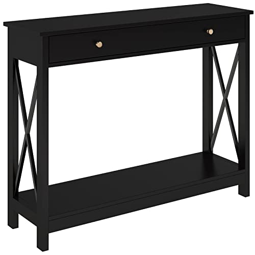 Treocho Black Console Table with Drawer and Storage Shelves, Foyer Sofa Table Narrow for Entryway, Living Room, Hallway - WoodArtSupply