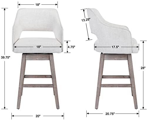 Kmax 28" Fabric Counter Height Bar Stools Swivel Farmhouse Bar Stools with Wood Legs Open Back Footrest for Kitchen Island, Set of 2- Cream Kmax