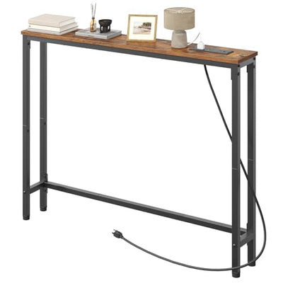 HOOBRO 39.4 Inch Narrow Console Table with Power Outlets, 5.9 Inch Sofa Table with Storage, Skinny Behind Couch Table, for Entryway Hallway, Small Spaces, Rustic Brown and Black BF52UXG01G1