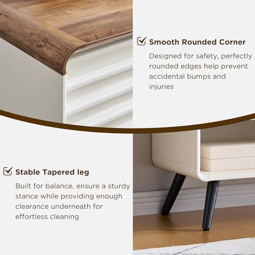 OKD Entryway Table with Sliding Slatted Door, 46" Mid Century Modern Wood Console Table w/Adjustable & Open Storage Shelf, Sofa Table Behind Couch for Hallway, Foyer, Living Room, Antique White OKD