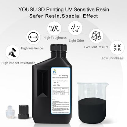 YOUSU Flexible Tough (Shore 80A) 3D Printer Resin,Soft Rubber/TPU Like 3D Printing Resin,High Elongation 405nm Fast UV-Curing Photopolymer Resin for LCD Printer,Black 1000g