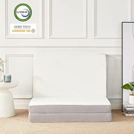Lazyzizi Folding Mattress, 4 Inch Memory Foam Tri-fold with Breathable Bamboo Fiber Fabric Cover, Foldable Floor Mattress Guest Bed for Camping, Road Trip, Twin Lazyzizi