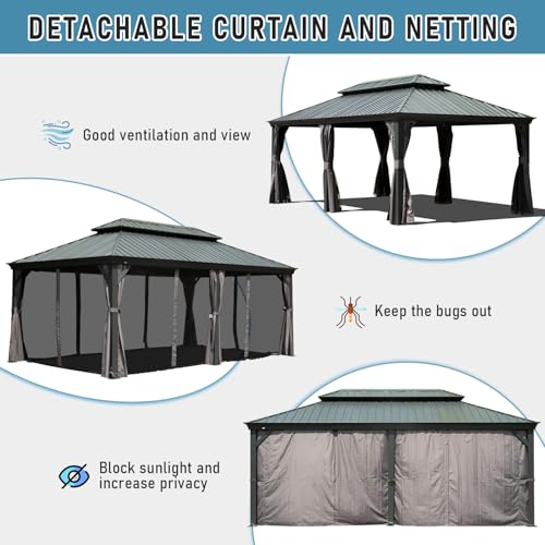 Domi Hardtop Gazebo 14x22FT, Outdoor Gazebo with Galvanized Steel Double Roof, Aluminum Frame, Built-in Gutter System, Curtain and Netting, Metal Gazebo Pavilion for Patio Deck Garden, Grey domi outdoor living