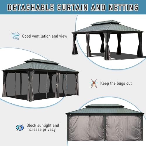 Domi Hardtop Gazebo 14x22FT, Outdoor Gazebo with Galvanized Steel Double Roof, Aluminum Frame, Built-in Gutter System, Curtain and Netting, Metal Gazebo Pavilion for Patio Deck Garden, Grey - WoodArtSupply