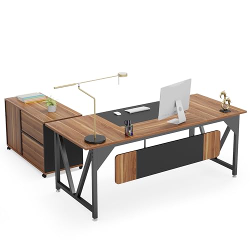 LITTLE TREE 70.8" Executive Desk with 35.4" File Cabinet, L-Shaped Computer Desk, Wood Office Desk for Home Office - WoodArtSupply