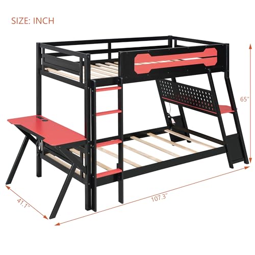 NCKMYB Bunk Bed with 2 Built-in Gaming Desks, Features USB Ports, Desktop Pegboards & Shelves, Space-Saving Loft Frame for Gaming Rooms & Small Spaces (Red+Bunk+Twin) NCKMYB