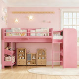 Bellemave Twin Loft Bed with Storage Boxes and Bookshelves, Solid Wood Kids Loft Bed with Desk and Blackboard, Low Loft Beds Frame for Kids, Girls, Boys, Childlike Design, Pink Bellemave