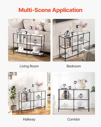 VEVOR 3-Tier Glass Console Table, Modern Rectangle Sofa Side Table with Tempered Glass Top and Iron Legs, Golden Consloe Desk with Anti-Tip Device for Living Room, Hallway, Entryway, Foyer, Black VEVOR