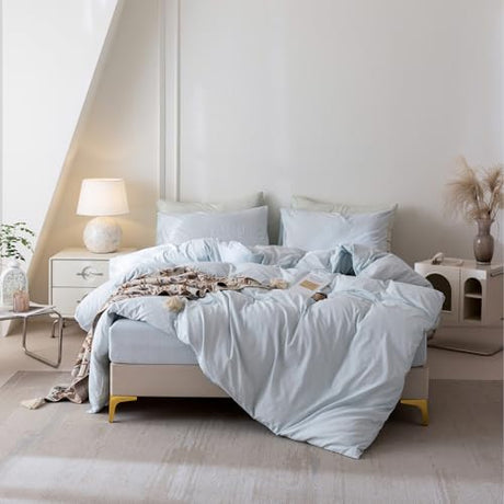 BDEAR Light Blue Vintage Duvet Cover King Size 104''Wx90''L for Spring and Summer, Percale Pinstriped Textured Duvet Cover with Zipper Closure and 2 Pillowcases, Light Weight and Ultra Soft BDEAR