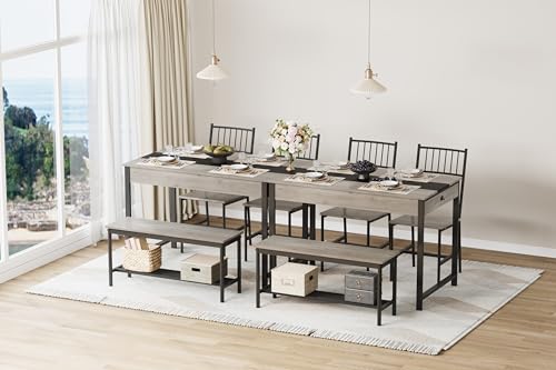 GarveeHome Dining Table Set for 4, Small Kitchen Table and 2 Chairs for 4 with Bench, Space Saving Kitchen Table Set with Storage Rack & Drawers, Breakfast Nook Rectangular Farmhouse Table Set, Grey GarveeHome
