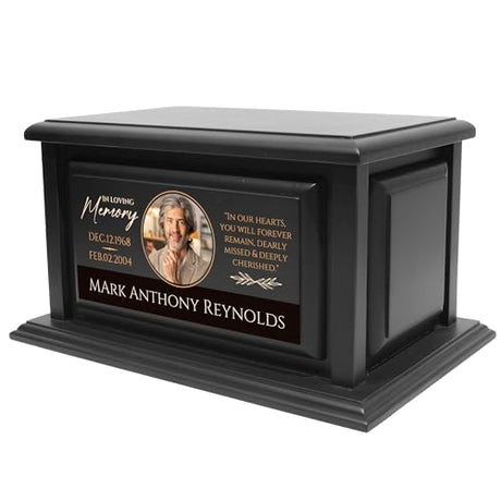 Personalized Solid Wood Human Urns for Ashes 250lbs, Custom Urn Box for Human Ashes, Large Burial and Cremation Urns for Ashes, Black Wood Color (Design 4) Basic Fundamentals