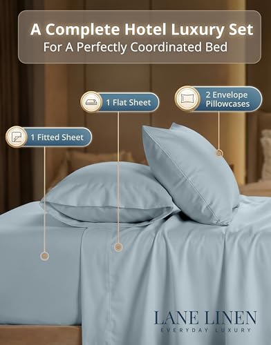 LANE LINEN 100% Cotton Bed Sheets – 600 Thread Count Cooling Sheets Queen, Durable Daily Use Bedding, Value Comfort for Night Rest, Hotel Sateen Finish, Snug Fit 15" Deep Pocket – Blue LANE LINEN