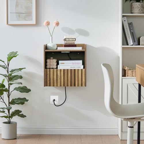 BuildHom Modern Fluted Floating Nightstand Wall Mounted Set of 2- Bedside Table with Storage Drawer & Display Shelf, Minimalist Bedroom Furniture for Studio Apartments(Rustic Brown) BuildHom