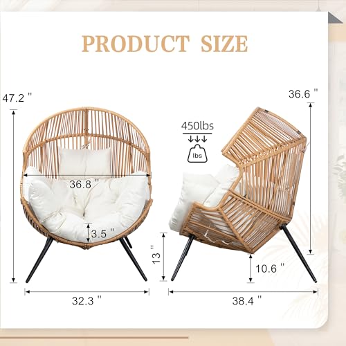 Vongrasig Comfy Wicker Egg Chair, Soft Thick Cushion Rattan Lounge Chair, High Capacity Steel Frame, Reading Chair for Living Room, Bedroom, Dorm Rooms (Beige) Vongrasig