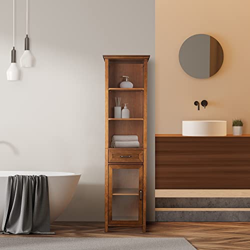 Teamson Home Avery Wooden Bathroom Linen Tower Cabinet with 1 Drawer 3 Adjustable Interior Shelves and 6 Storage Spaces, Oiled Oak Teamson Home