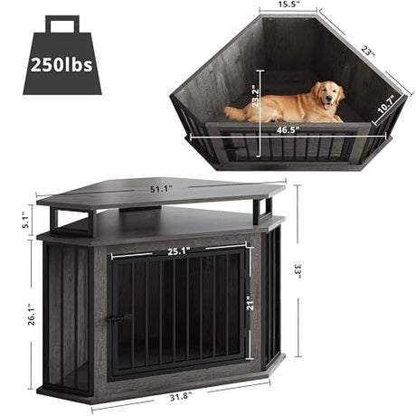 IRONCK 51" Corner Wooden Dog Crate Furniture with 2-Tier Shelves, Pet Kennel for Large Dogs, Space-Saving Dog Cage Indoor, Rustic Brown (26.7" L x 51.2" W x 33.5" H) IRONCK