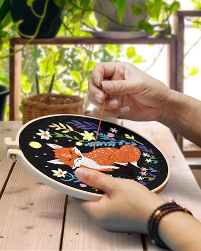TINDTOP Embroidery Kit for Beginners Adult, Fox Embroidery Kit for Beginners Include Embroidery Cloth Hoops Threads for Craft Lover Hand Stitch with Embroidery Skill Techniques TINDTOP