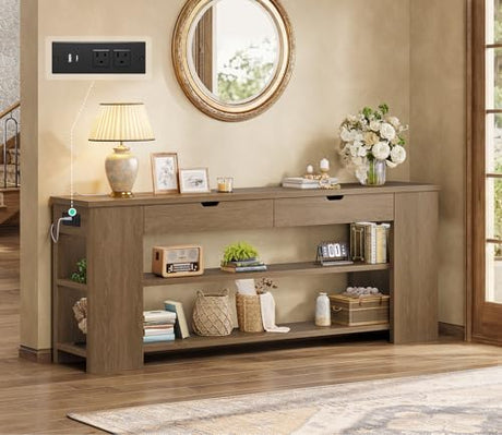 ANGRYWIN 71.8 Inch Extra Long Console Table with Drawers, Farmhouse Long Console Table with Shelves & Built-in Outlets, Entryway Table with Storage for Living Room, Entryway, Hallway, Brown ANGRYWIN
