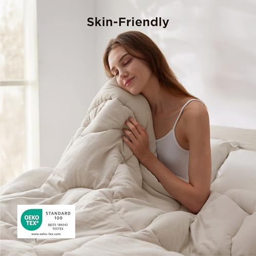 Bedsure Queen Comforter - Comforters Queen Size for All Season, Ultra-Soft Down Alternative & Prewashed Duvet Insert with 4 Tabs - Machine Washable, Linen, 88x88 Inches Bedsure