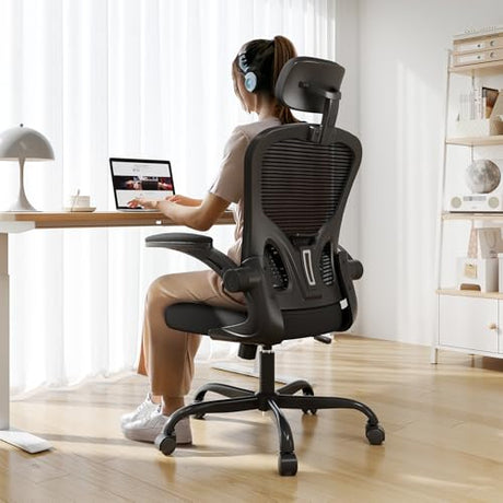 Office Chair Ergonomic Desk Chair, 330LBS Capacity, High Back Computer Chair for Long Hours Comfortable, Rolling Swivel Executive Task Chair for Home Office with Flip-up Armrests, Black Synorla