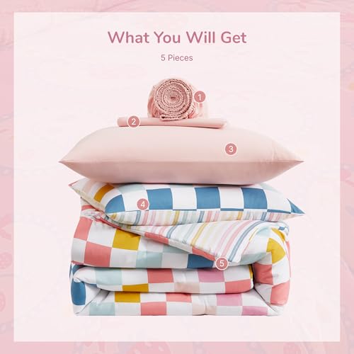 Wink Deer Twin Comforter Set for Girls-5 Pieces Colorful Check Twin Bedding Sets for Kids, Ultra Soft Bed in A Bag with Sheets Wink Deer
